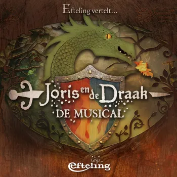 Afbeelding van de familiemusical Joris en de Draak van Efteling vertelt, met een vuurspuwende draak, een middeleeuws schild en zwaard op een houten achtergrond.