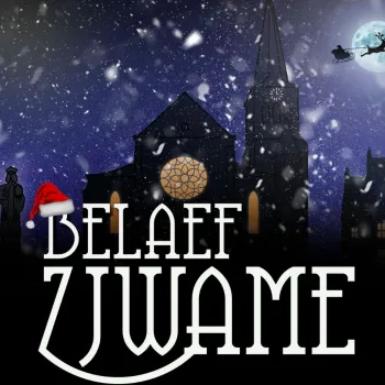 Winterse sfeerimpressie van Bélaef Zjwame met verlichte gebouwen en sneeuw, promobeeld voor kerstmarkt Swalmen.