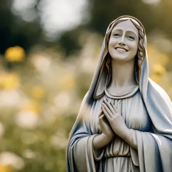 Promotiebeeld voor Maria Leeft: glimlachend Mariabeeld met gevouwen handen in een veld vol margrieten, in warm zonlicht.