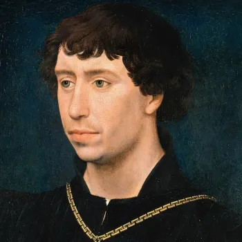 Portret van Karel de Stoute, afgebeeld in zwarte kleding met een gouden ketting, tegen een donkere achtergrond. Te zien in de tentoonstelling Bourgondiërs in Limburg in het Limburgs Museum.