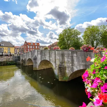 VVV Wandeling over het Schelpenpad in Roermond met uitzicht op de historische stenen brug over de Roer, kleurrijke bloemen en de binnenstad.