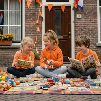 Kinderen verkopen hun tweedehands speelgoed op de vrijmarkt tijdens Koningsdag Weert terwijl ze samen op een kleedje voor een versierd huis zitten.