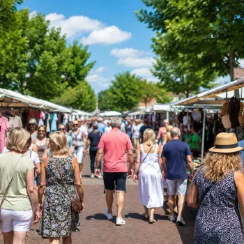 Bezoekers wandelen langs marktkramen tijdens de Zomerbraderie Maasbracht op een zonnige dag, met een gevarieerd aanbod van kleding, accessoires en andere producten.